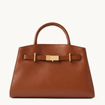 Atelier brown leather structured tote with gold bar clasp – front view