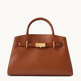Atelier brown leather structured tote with gold bar clasp – front view