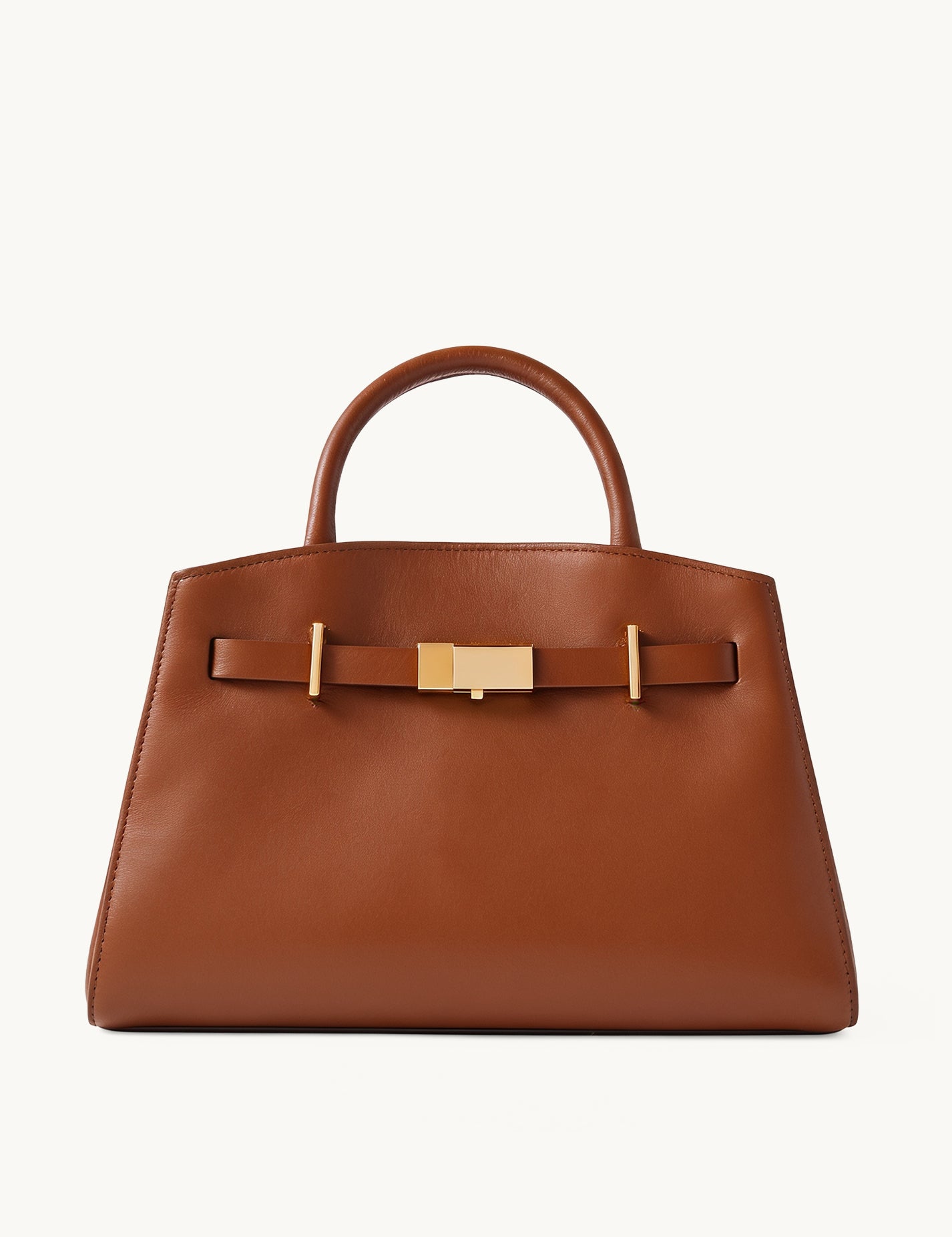 Atelier brown leather structured tote with gold bar clasp – front view