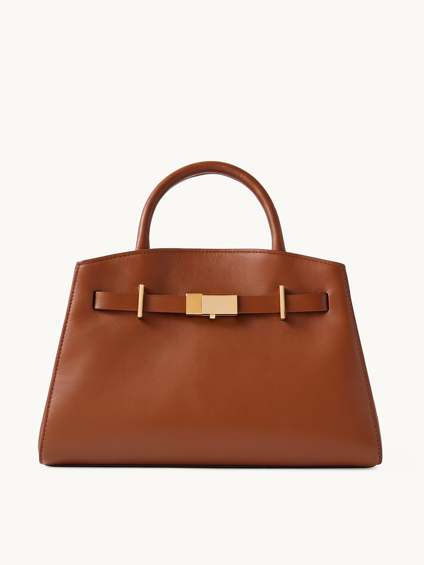 Atelier brown leather structured tote with gold bar clasp – front view
