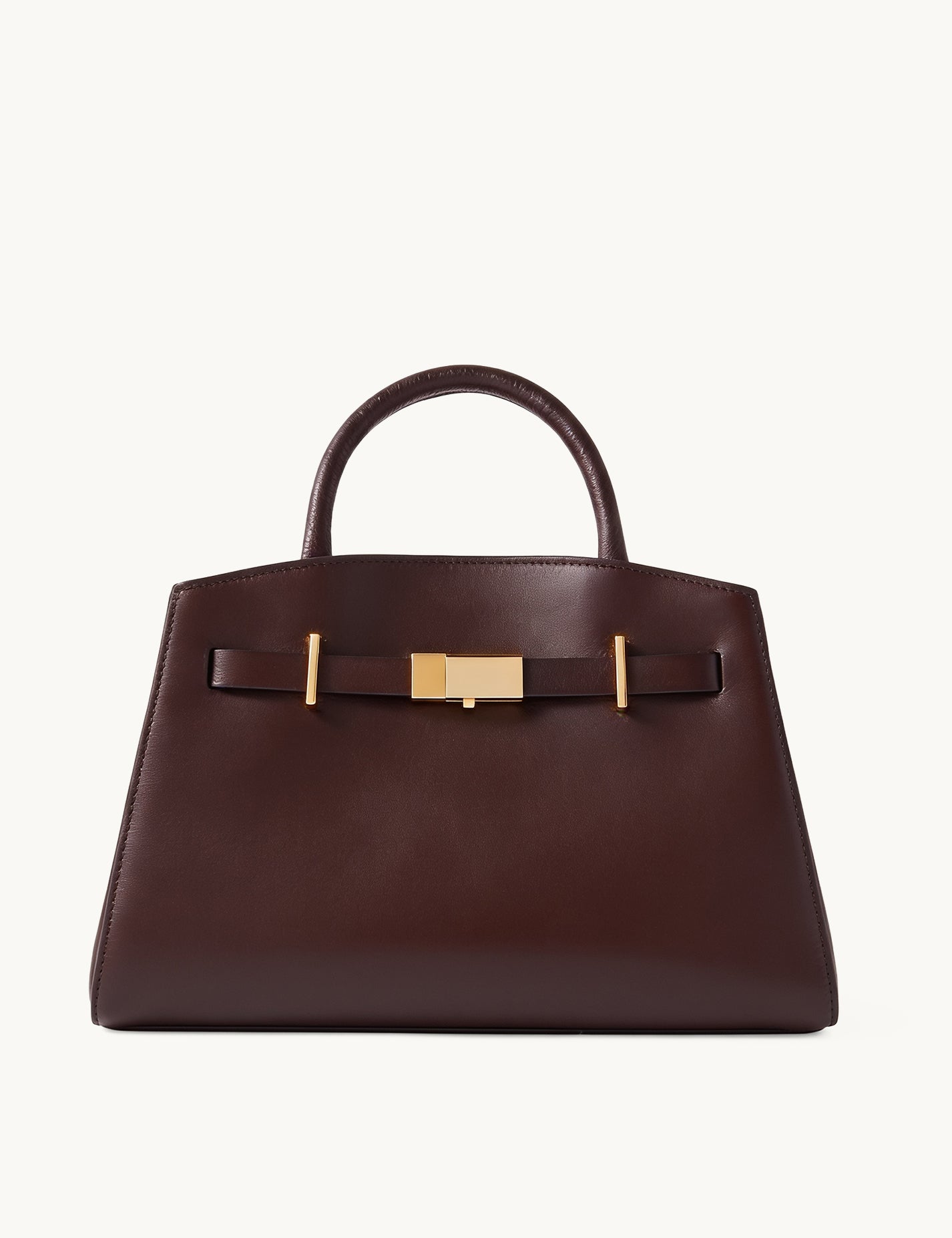 Atelier chocolate brown pebbled leather structured tote with gold bar clasp – front view