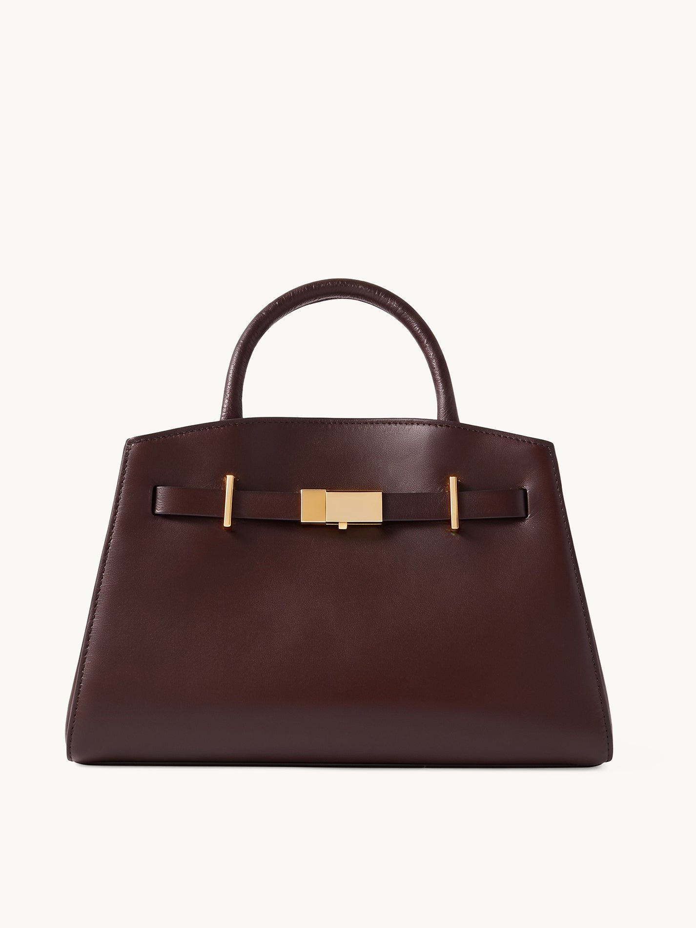 Atelier chocolate brown pebbled leather structured tote with gold bar clasp – front view