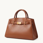 Atelier brown leather structured tote with gold bar clasp – side view