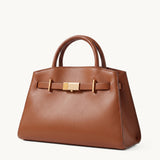 Atelier brown leather structured tote with gold bar clasp – side view