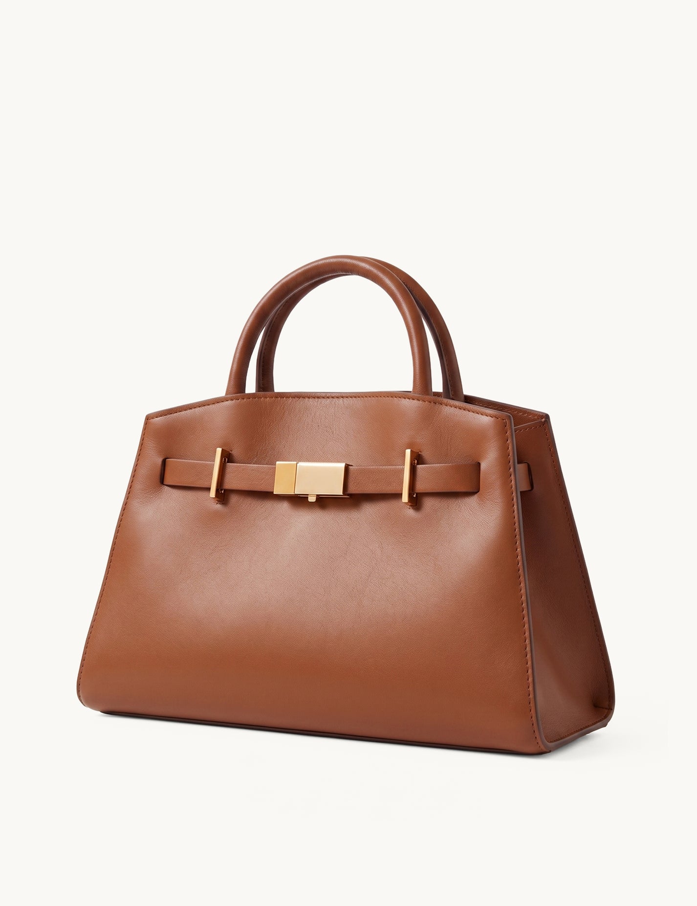 Atelier brown leather structured tote with gold bar clasp – side view