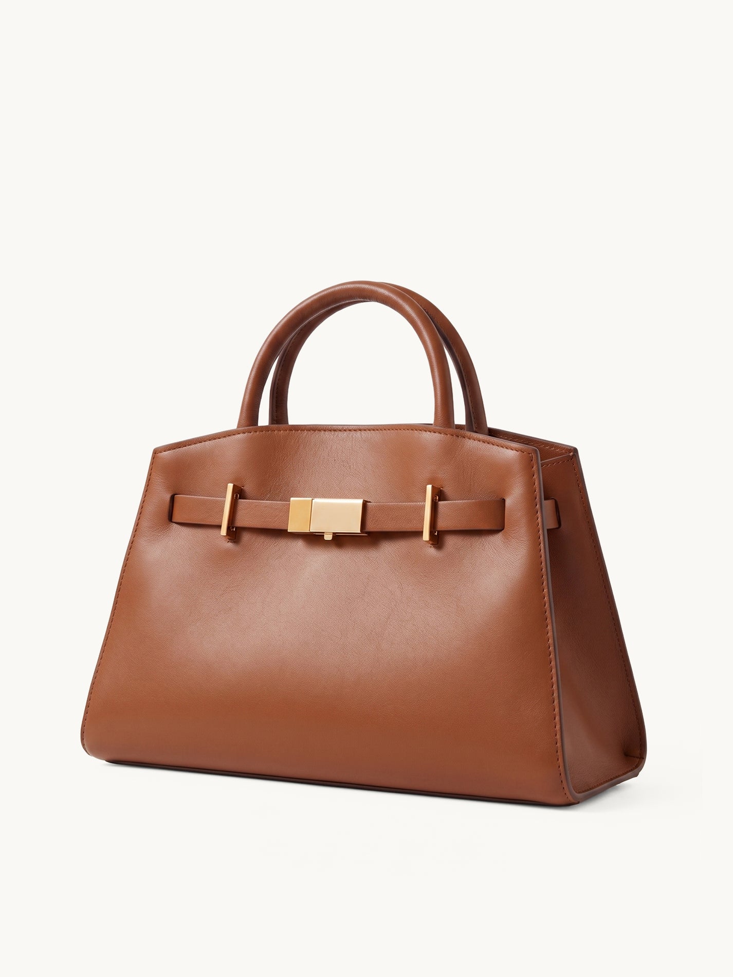 Atelier brown leather structured tote with gold bar clasp – side view