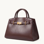 Atelier chocolate brown pebbled leather structured tote with gold bar clasp – side view