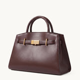 Atelier chocolate brown pebbled leather structured tote with gold bar clasp – side view