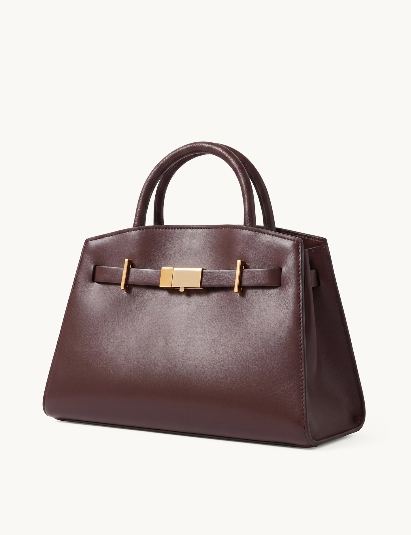 Atelier chocolate brown pebbled leather structured tote with gold bar clasp – side view