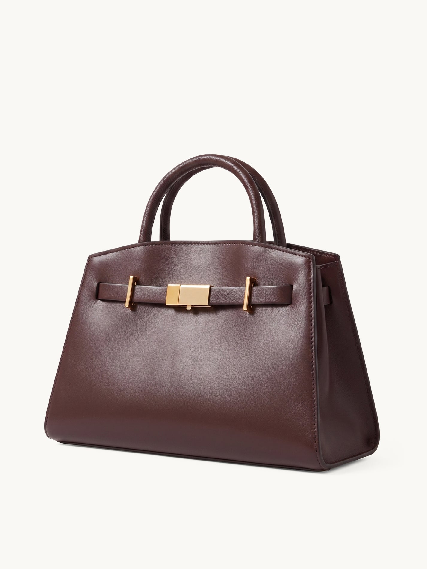 Atelier chocolate brown pebbled leather structured tote with gold bar clasp – side view