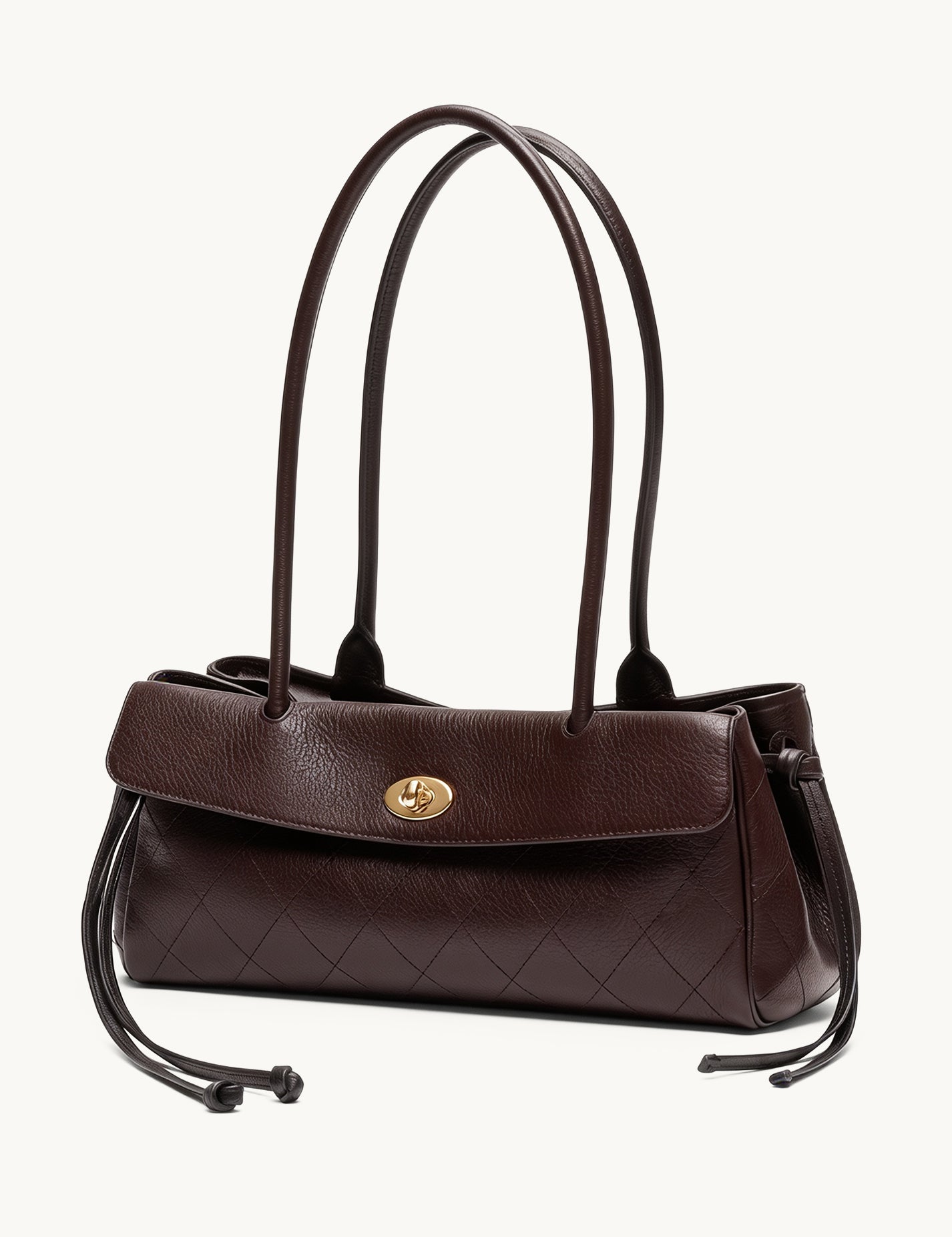Fronde chocolate brown distressed leather shoulder bag with arc handles and tassel ties – side view