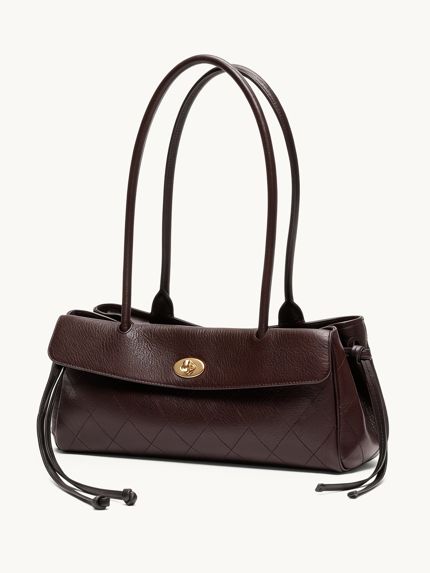 Fronde chocolate brown distressed leather shoulder bag with arc handles and tassel ties – side view