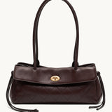 Fronde chocolate brown distressed leather shoulder bag with arc handles and tassel ties – front view