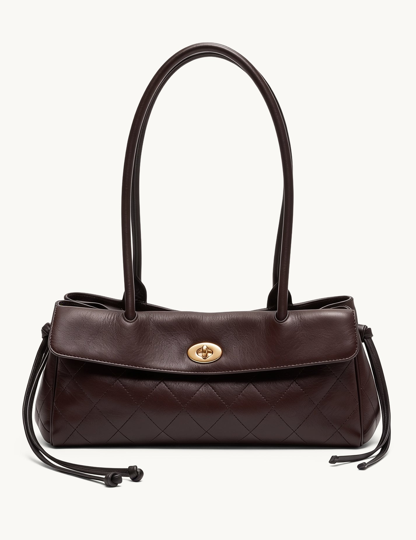 Fronde chocolate brown distressed leather shoulder bag with arc handles and tassel ties – front view