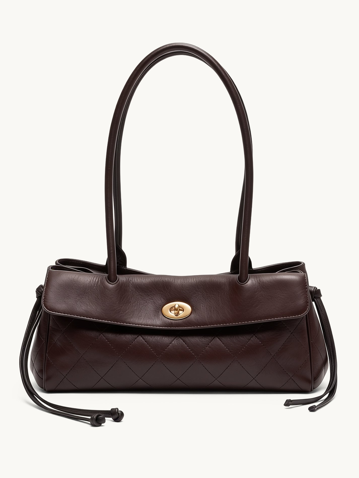 Fronde chocolate brown distressed leather shoulder bag with arc handles and tassel ties – front view